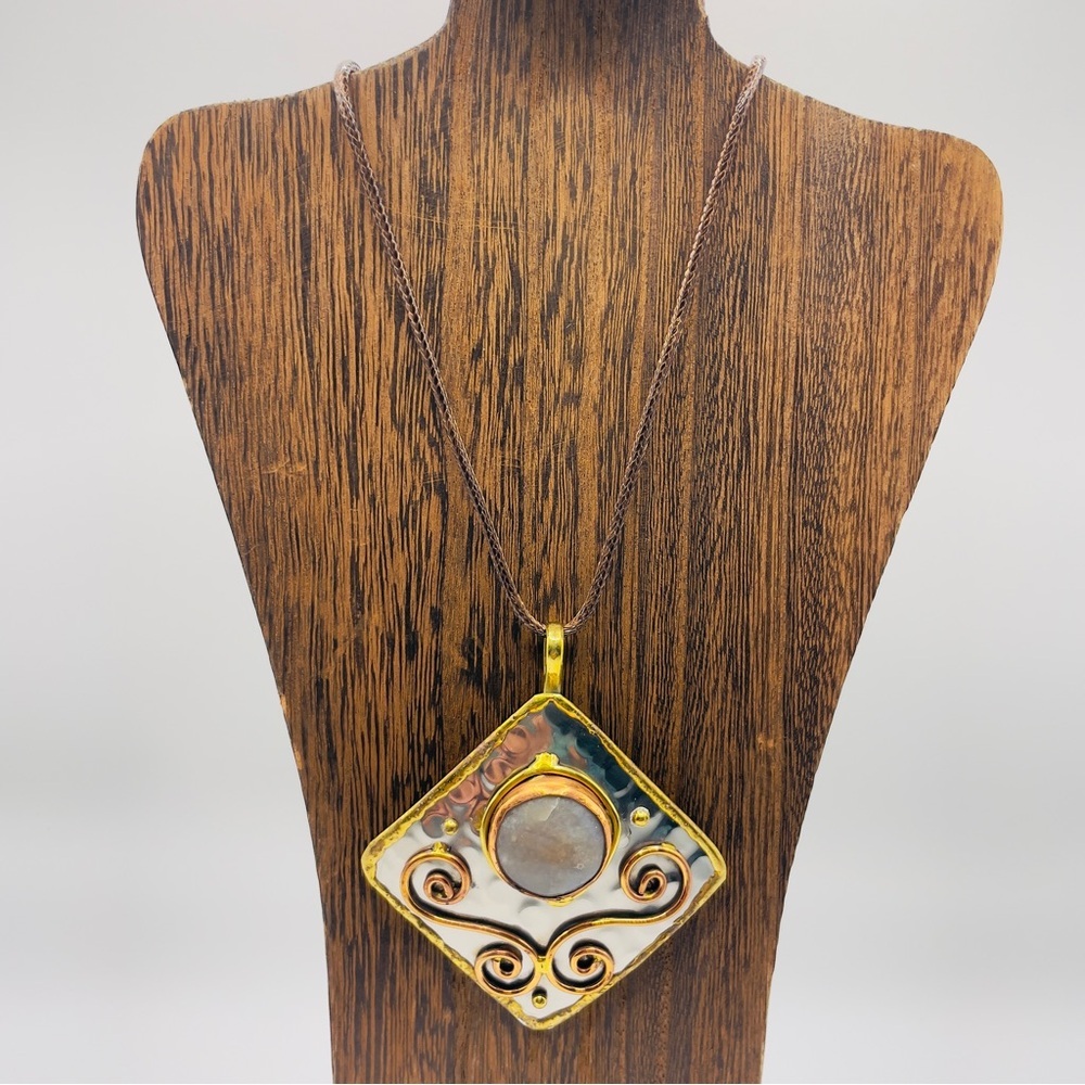 Artisan Swirl Silver, Gold and Copper Pendant Necklace with 18” Leather Cord